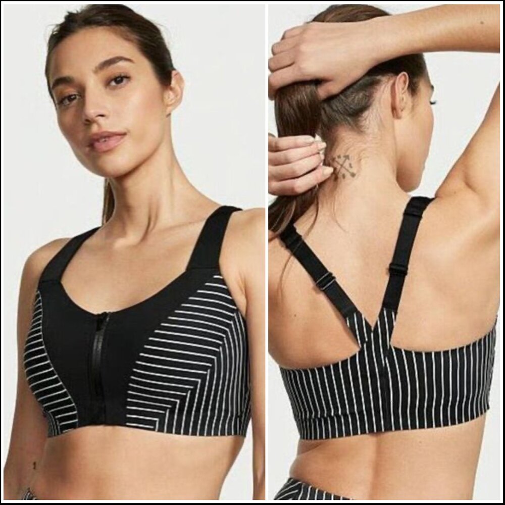 Victoria's Secret Knockout Front-Close Sports Bra, Black/White Pinstripe, 38DD